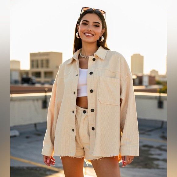 Zara Jackets & Blazers - Zara Beige Corduroy Shacket Button Front Frayed Hem Size M